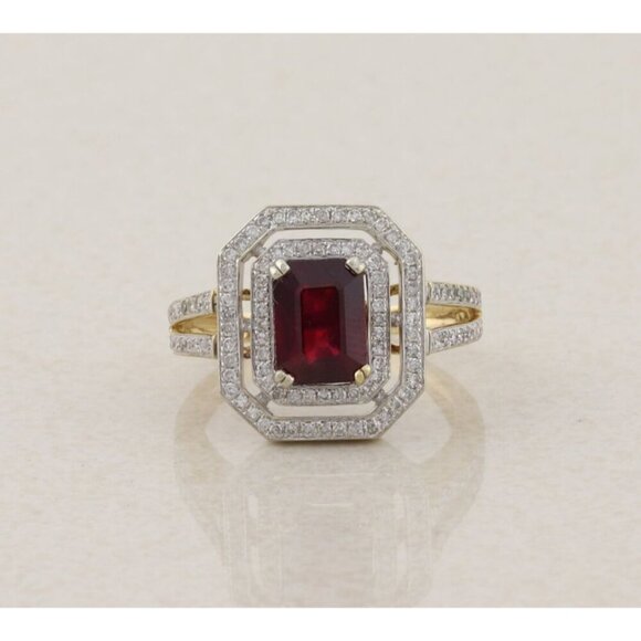 10k Yellow Gold Lab Created Ruby & Natural Diamond Halo Ring Size 6 1/2 - Picture 1 of 7